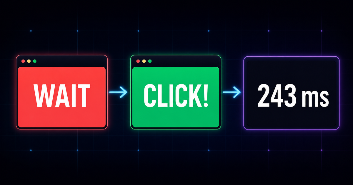 Reaction time test sequence showing the red waiting screen, green response signal and result in milliseconds